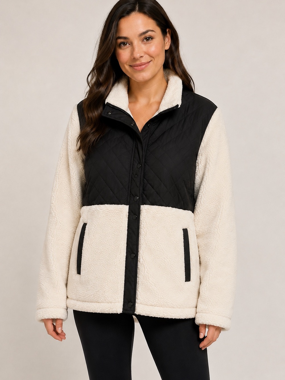 Madden Girl Sherpa Fleece Quilted Snap Jacket Black Cream Large